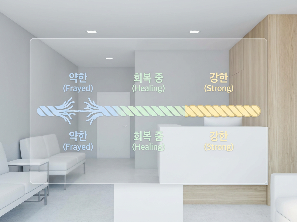 끝이 미세하게 해진 밧줄이 점진적으로 다시 매끄럽고 단단해지는 과정을 표현한 인포그래픽
