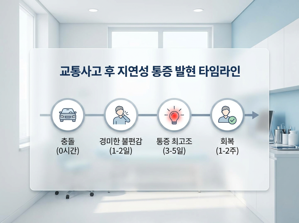 가벼운 충돌 이후 지연성 통증이 발생하는 시간적 흐름을 부드러운 색상의 직관적인 아이콘과 한글 텍스트를 사용하여 깔끔
