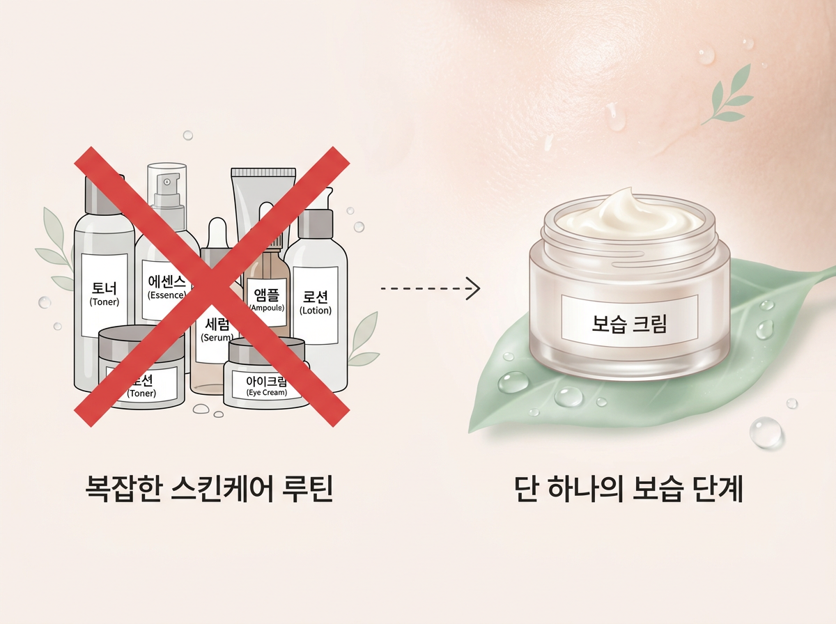 복합 성분 기능성 화장품보다는 단순한 보습만 하는 기초 화장품 사용이 좋음을 시각화한 인포그레