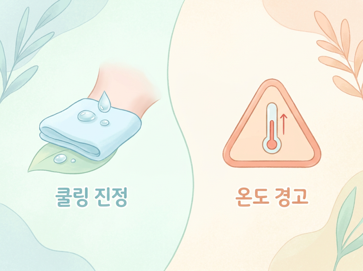 일반적인 냉찜질과 온도 변화 주의가 필요한 상황을 대비하여 표현한 이미지