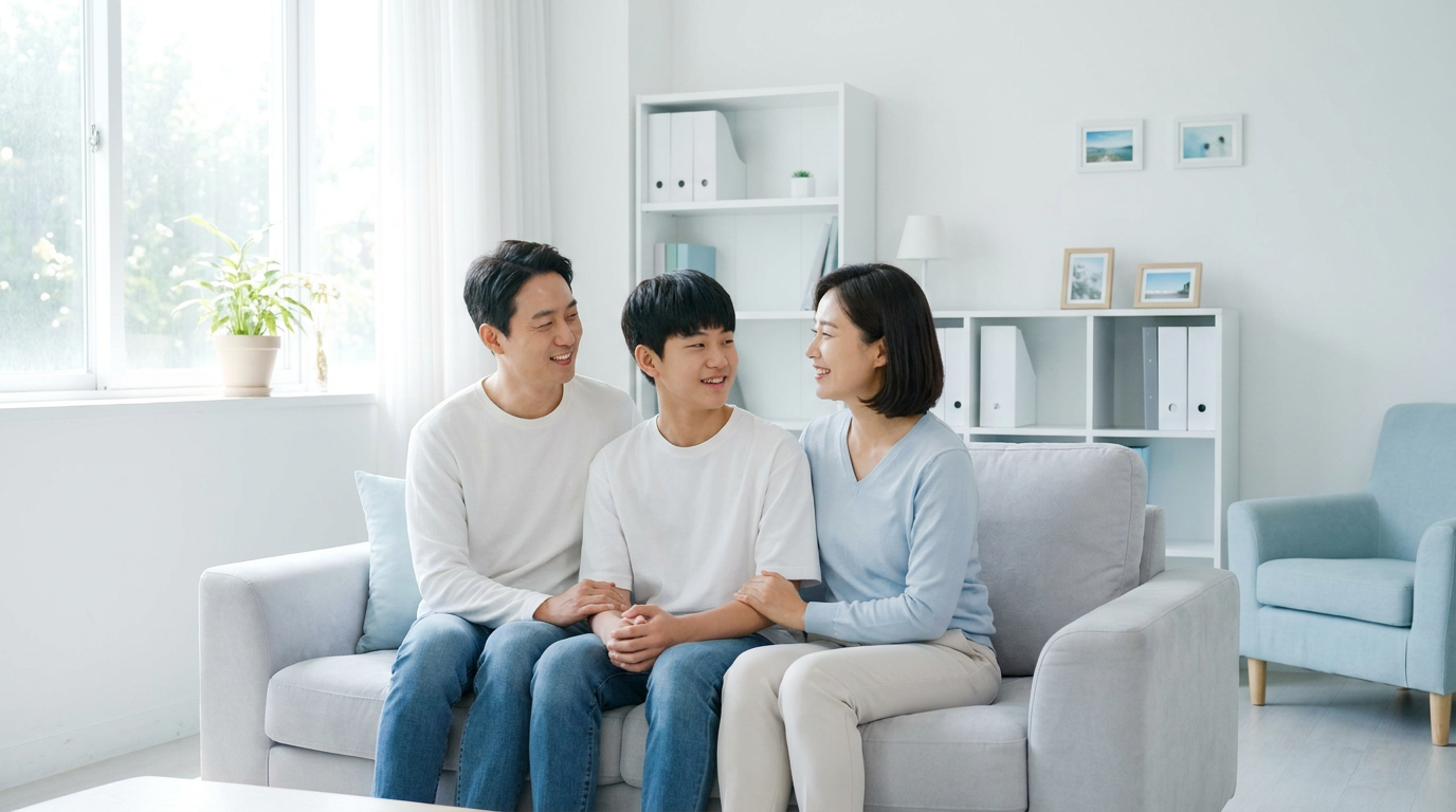 부모와 10대 자녀가 거실에서 편안하게 대화하며 미소 짓는 모습