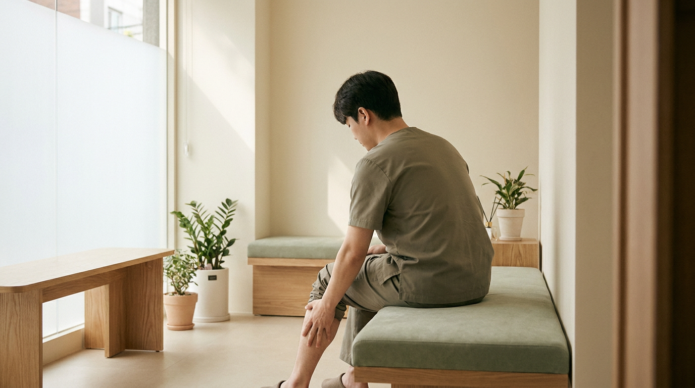 장시간 서서 일을 한 뒤 다리에 피로감을 느껴 손으로 종아리를 지그시 주무르며 잠시 휴식을 취하는 노동자의 모습