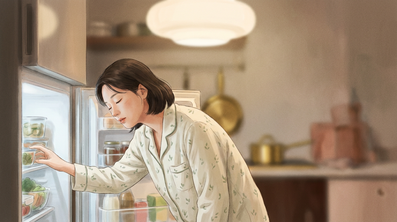 어두운 주방에서 잠옷을 입은 한국인 여성이 몽롱한 상태로 냉장고 문을 열고 음식을 내려다보는 모습을 그린 일러스트