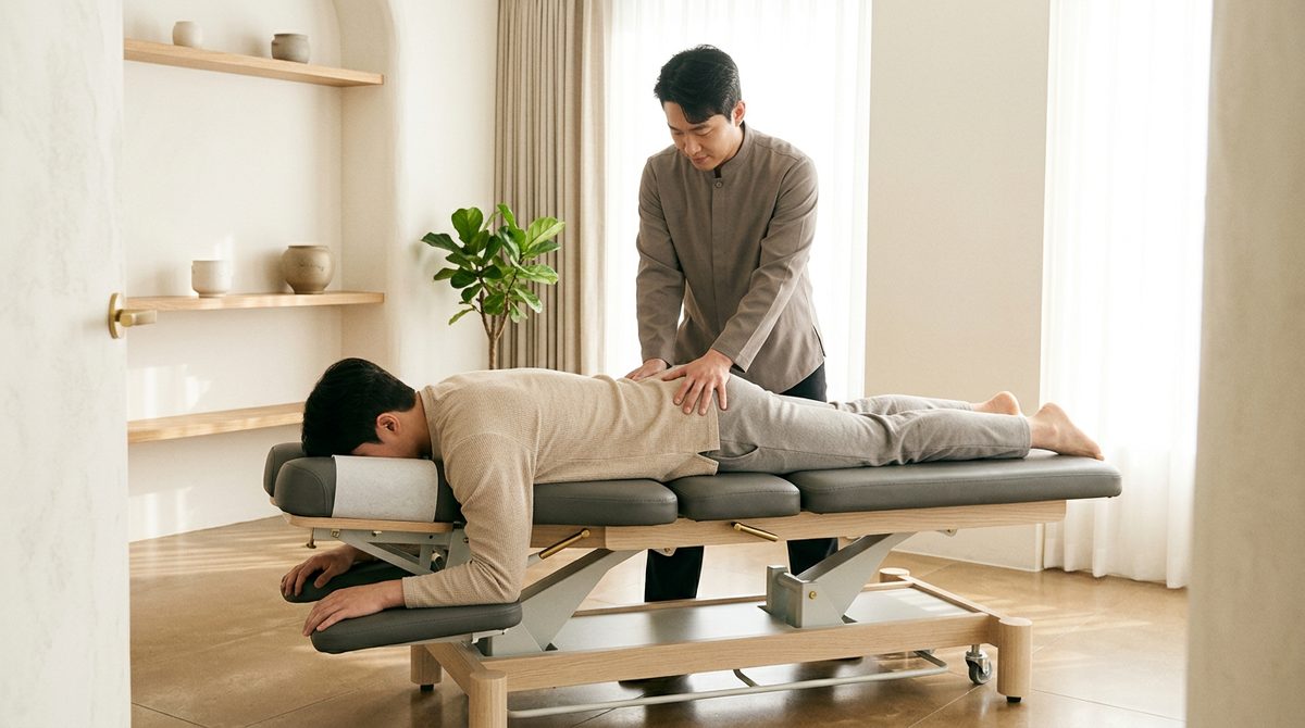 깔끔하고 현대적인 한의원 진료실에서 추나 베드에 엎드려 있는 환자의 허리와 골반 부위를 살피며 진료를 진행하는