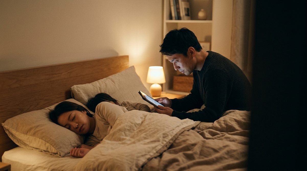 늦은 밤 잠든 가족 옆에서 아내의 건강 정보를 조용히 살펴보고 있는 남편의 모습을 담은 이미지