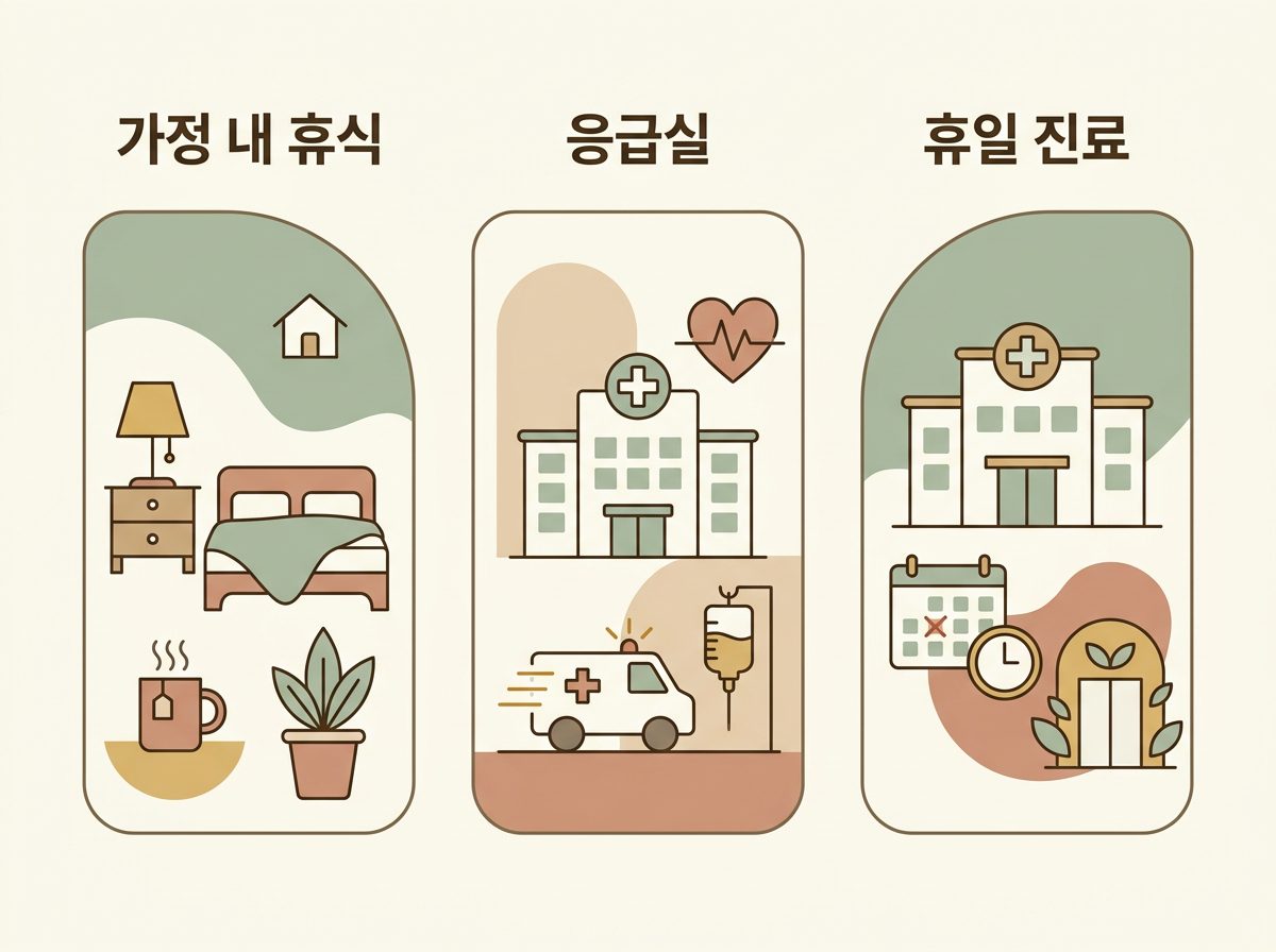 부드러운 어스 톤 바탕에 가정 내 휴식, 응급실, 휴일 진료를 나타내는 깔끔한 라인 아이콘으로 3분할 비교 구성